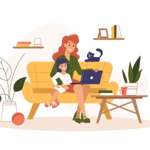 Mother work home with laptop, freelance online office, remote internet work, vector flat illustration. Woman at home online work sitting with computer and child on knees, freelancer or social isolation