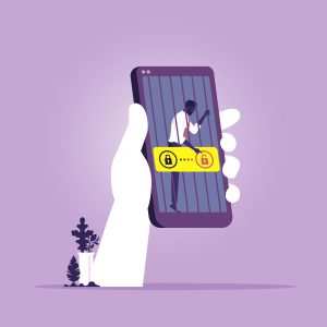 Businessman locked in smartphone behind the jail bars as a smartphone screen. Smartphone addiction concept illustration