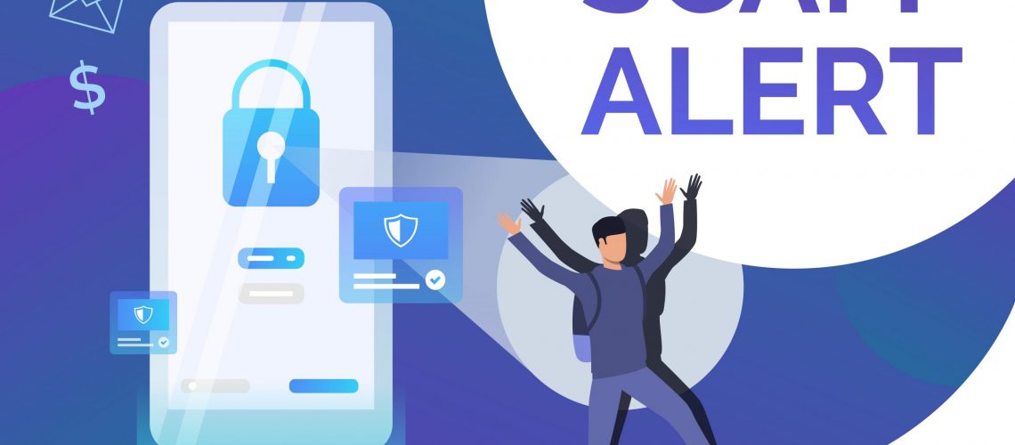 Scam alert poster template. Hacker keeping hands up. Cybercrime failure concept. Vector illustration can be used for presentation, poster, landing page