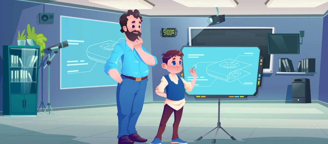 Teacher and child in computer classroom in school or college. Class cabinet interior with kid telling lesson to private tutor at interactive monitor or screen with scheme, Cartoon vector illustration