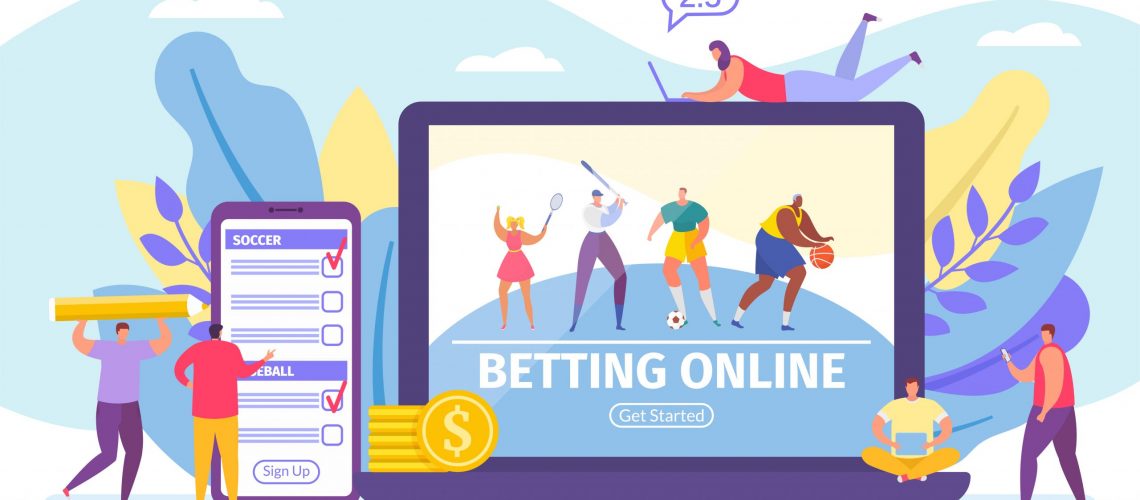 Betting online game, bets on sport banner tiny people cartoon vector illustration. Online live sportive soccer competition with betting people and digital related asset in computer via internet.