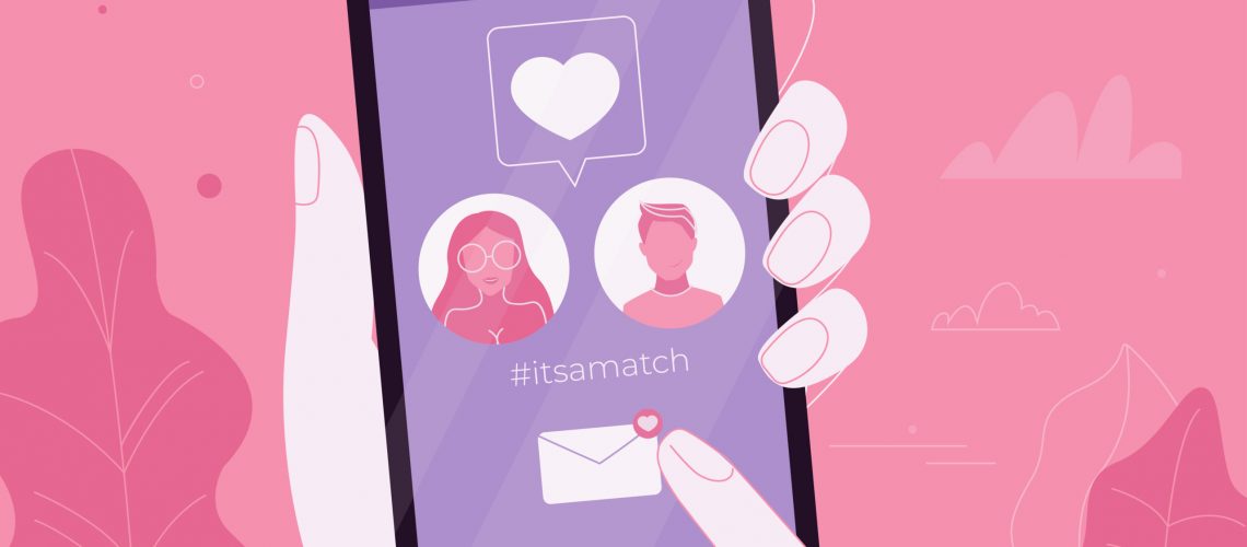 Online dating couple in love in the app on the phone. It is a match. Online dating. Vector flat line illustration