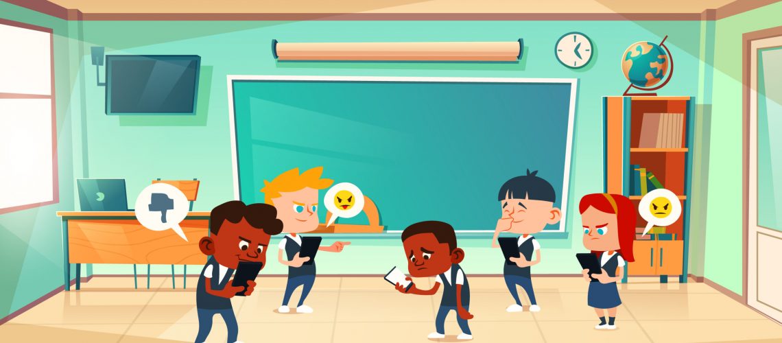 Cyber bullying in school, conflict and violence situation with sad black boy in classroom among laughing teenagers messaging in smartphone, internet cyberbulling, abuse Cartoon vector illustration