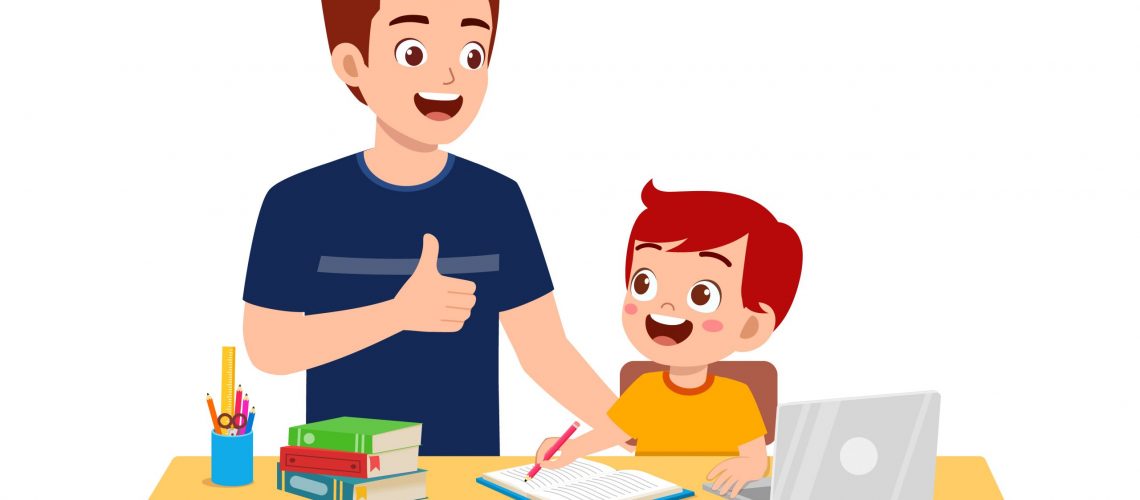 cute little boy study with father at home together
