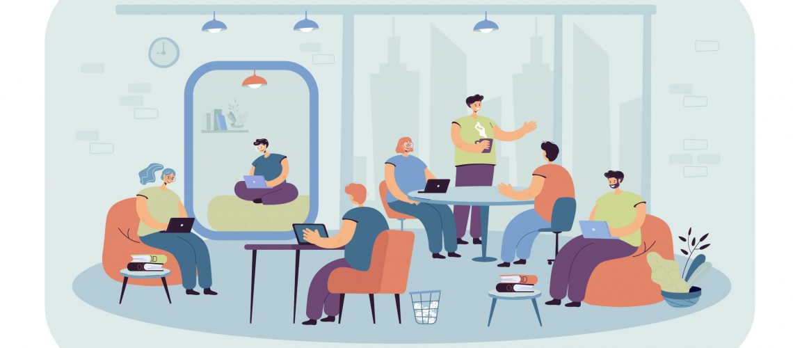 Office people using laptops and computers at workplaces in contemporary co-working interior. Vector illustration for business, teamwork, community, modern workspace concept