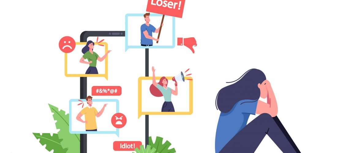 Cyber Bullying, Social Attack, Bully Hate. Teen Character Crying front of Smartphone Screen after Being Bullied and Called Nasty Names over Internet. Cyberbullying Abuse. Cartoon Vector Illustration